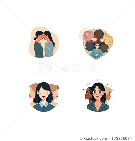 Collection of cute, cartoon-style icons featuring a house, ice skates, a child diver, and a drum, perfect for diverse projects. 135866084