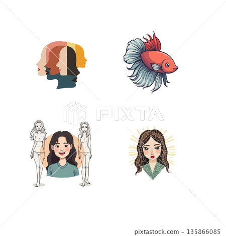 Collection of vector cartoon icons featuring a smartwatch, bread, clover, and eye with a tear. Ideal for design projects. 135866085