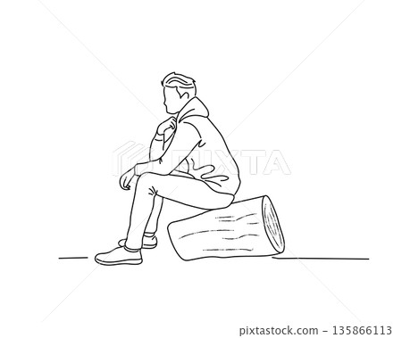 一個男人坐在圓木上沉思。側面線條畫向量圖 一個男人坐在圓木上沉思。側面線條畫向量圖 135866113