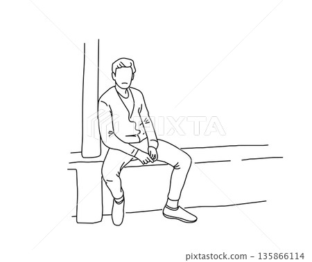 一個男人坐在路邊。一幅線條畫向量插圖,描繪了一個年輕人在城市裡與人相遇的場景。 一個男人坐在路邊。一幅線條畫向量插圖,描繪了一個年輕人在城市裡與人相遇的場景。 135866114