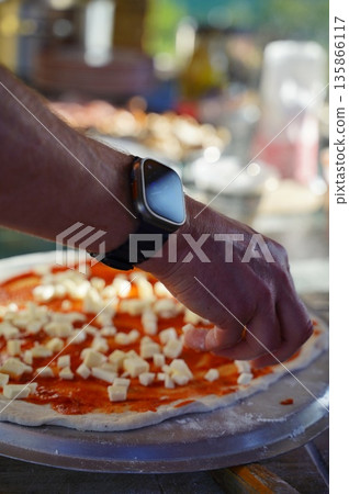 Making Homemade Margherita Pizza with Fresh Cheese Making Homemade Margherita Pizza with Fresh Cheese 135866117