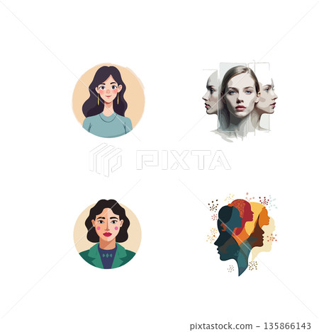 Cartoon illustration set featuring a skydiver, mushroom, meditating person, and a recycling bin with foliage. 135866143