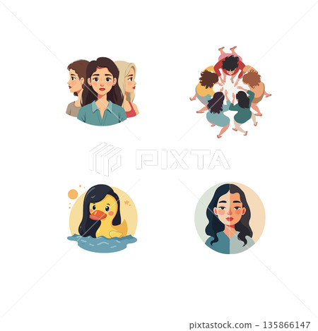 Collection of cartoon icons featuring nature scenes, a stone display, a pinwheel, and a child surfing. Collection of cartoon icons featuring nature scenes, a stone display, a pinwheel, and a child surfing. 135866147