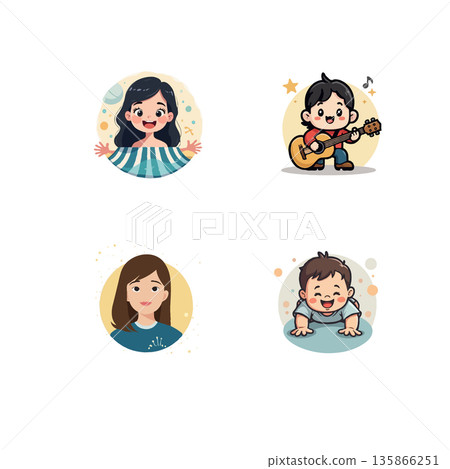 A set of vector illustrations featuring a waterfall, embroidery hoop, people arranging books, and a house. A set of vector illustrations featuring a waterfall, embroidery hoop, people arranging books, and a house. 135866251