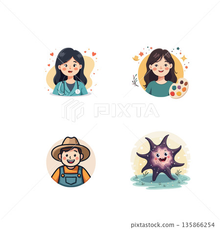 Set of adorable cartoon illustrations featuring nature, growth, and peaceful moments. Perfect for children's books and designs. Set of adorable cartoon illustrations featuring nature, growth, and peaceful moments. Perfect for children's books and designs. 135866254