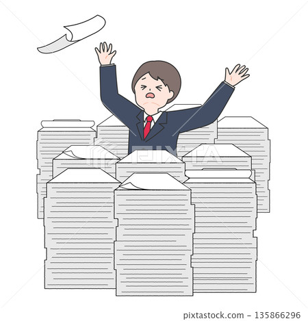 A male office worker buried in a pile of documents A male office worker buried in a pile of documents 135866296