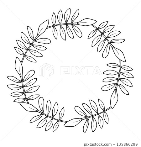 A wreath of branches and leaves. Vector botanical illustration. Autumnal round frame of plants with space for text. Hand drawn in black. Natural design for Thanksgiving, packaging and logos 135866299