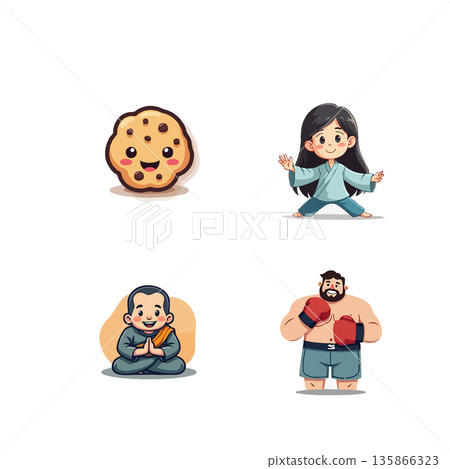 A collection of charming cartoon icons featuring a checklist, snow globe, a man using a phone, and a choir singing. A collection of charming cartoon icons featuring a checklist, snow globe, a man using a phone, and a choir singing. 135866323