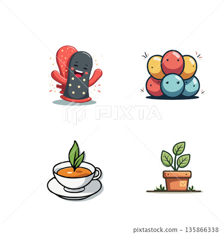 Set of cartoon illustrations featuring a boy with an idea, pyramids, organizing furniture, and a desert landscape. 135866338