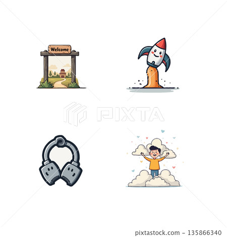Set of cute cartoon icons featuring a child in a bath, stack of books, location marker, and woman shopping. Set of cute cartoon icons featuring a child in a bath, stack of books, location marker, and woman shopping. 135866340
