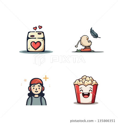 Collection of charming cartoon icons featuring a dog on cake, chef with burger, family puzzle, and a smiling woman. Collection of charming cartoon icons featuring a dog on cake, chef with burger, family puzzle, and a smiling woman. 135866351