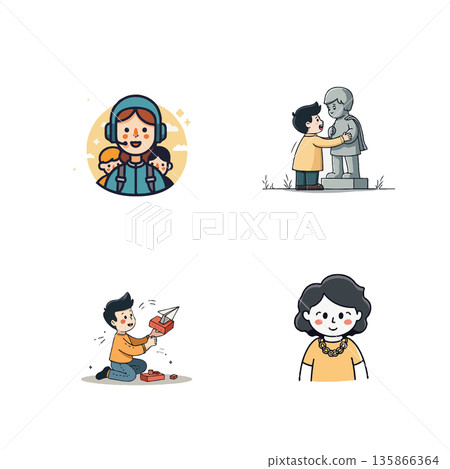 A collection of charming cartoon illustrations featuring nature scenes, a frog, a boy flying a kite, and a person with a paper airplane. 135866364