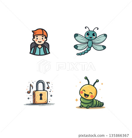 Collection of illustrations featuring bamboo, artists, plants, and wireless charging, representing nature, creativity, growth, and technology. 135866367