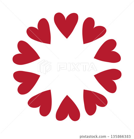 Simple circular frame made of bold red heart shapes arranged ring. Minimal and flat design perfect for Valentines Day, love themed graphics, cards, stickers, and invitations Simple circular frame made of bold red heart shapes arranged ring. Minimal and flat design perfect for Valentines Day, love themed graphics, cards, stickers, and invitations 135866383
