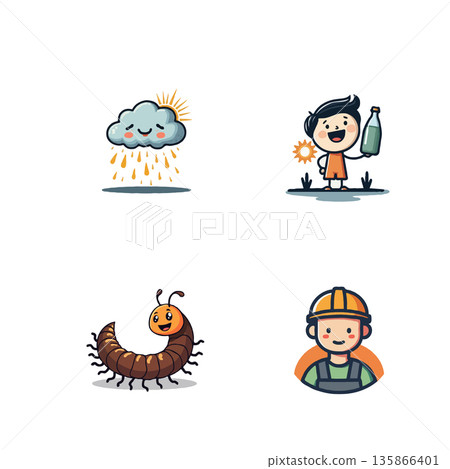 Whimsical cartoon illustrations featuring innovation, love, cooking, and mindfulness. Perfect for creative and wellness projects. 135866401