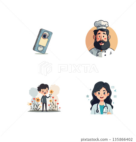 Collection of cartoon style illustrations featuring diverse characters and scenarios. Perfect for various creative projects. 135866402