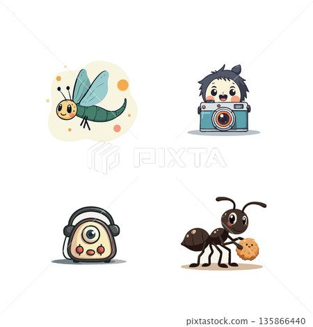Collection of cute cartoon icons featuring a family, crescent moon, human body, and animal paw print. Collection of cute cartoon icons featuring a family, crescent moon, human body, and animal paw print. 135866440