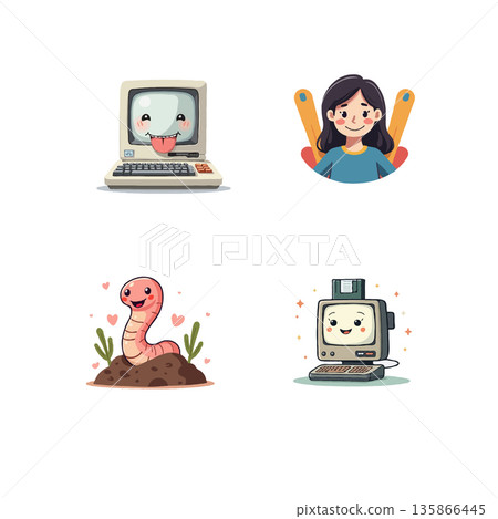 Collection of colorful cartoon icons featuring mountains, a girl, a plant, and pizza. Ideal for stickers, web design, or illustrations. Collection of colorful cartoon icons featuring mountains, a girl, a plant, and pizza. Ideal for stickers, web design, or illustrations. 135866445