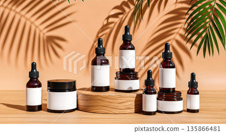Amber cosmetic bottles set on wooden table with palm leaves shadows natural skincare product packaging mockup with beige wall background design Amber cosmetic bottles set on wooden table with palm leaves shadows natural skincare product packaging mockup with beige wall background design 135866481