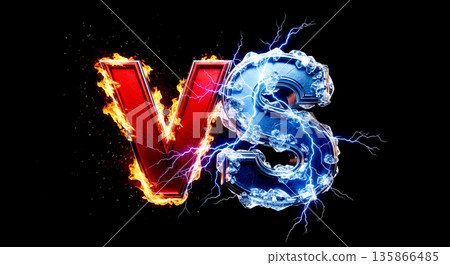 Versus concept metallic VS letters with burning fire and frozen ice texture clashing with lightning bolts for sports battle competition design Versus concept metallic VS letters with burning fire and frozen ice texture clashing with lightning bolts for sports battle competition design 135866485