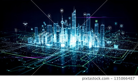 Futuristic smart city hologram with glowing blue skyscrapers and technology icons showing urban infrastructure digital network internet of things data concept Futuristic smart city hologram with glowing blue skyscrapers and technology icons showing urban infrastructure digital network internet of things data concept 135866487