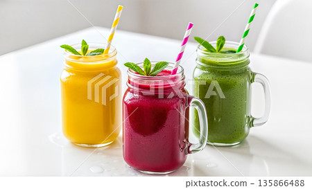 Three mason jars fresh fruit vegetable smoothie yellow red green straw white table healthy eating vitamin detox drink diet organic nutrition wellness Three mason jars fresh fruit vegetable smoothie yellow red green straw white table healthy eating vitamin detox drink diet organic nutrition wellness 135866488