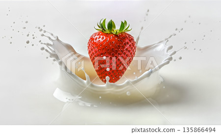 Fresh red strawberry falling into white milk splash with drops isolated on white background for healthy food dairy product advertisement 135866494
