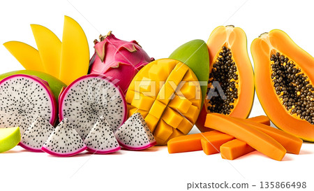 Fresh exotic tropical fruits composition with sliced dragon fruit mango and papaya isolated on white background for healthy nutrition vitamin diet Fresh exotic tropical fruits composition with sliced dragon fruit mango and papaya isolated on white background for healthy nutrition vitamin diet 135866498