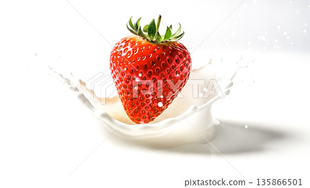 Fresh red strawberry falling into milk splash white background isolated macro motion drop liquid dairy yogurt dessert fruit healthy food vitamin sweet tasty organic nature 135866501