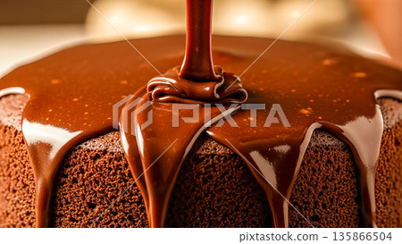 Liquid dark chocolate sauce pouring on sponge cake with smooth texture close up view for dessert menu or bakery background Liquid dark chocolate sauce pouring on sponge cake with smooth texture close up view for dessert menu or bakery background 135866504