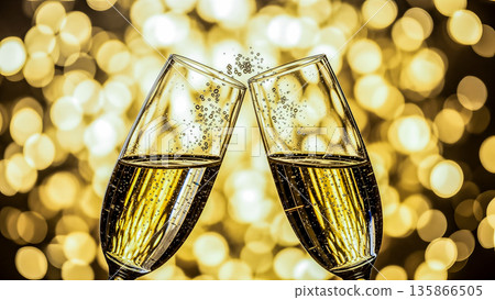 Two crystal champagne glasses toasting against golden bokeh lights background celebrating holiday or special occasion event with bubbles and sparkles Two crystal champagne glasses toasting against golden bokeh lights background celebrating holiday or special occasion event with bubbles and sparkles 135866505