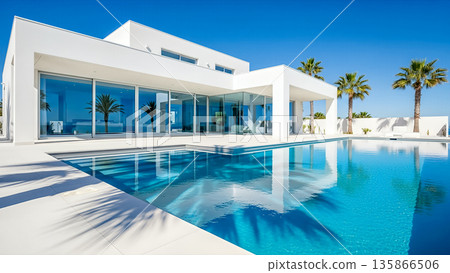 Modern luxury white villa exterior with large swimming pool and palm trees under blue sky in summer sunny day 135866506