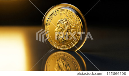 Golden coin with lion head symbol standing on dark background concept wealth power leadership financial success investment crypto currency Golden coin with lion head symbol standing on dark background concept wealth power leadership financial success investment crypto currency 135866508