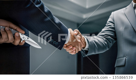 Business handshake with hidden knife behind back concept of betrayal partner crime fraud danger deception fake deal conspiracy enemy trap Business handshake with hidden knife behind back concept of betrayal partner crime fraud danger deception fake deal conspiracy enemy trap 135866539