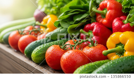 Fresh organic vegetables background with tomatoes cucumbers and bell peppers. Healthy eating and diet concept. Assorted raw farm harvest with water drops. Vegan food ingredients side view Fresh organic vegetables background with tomatoes cucumbers and bell peppers. Healthy eating and diet concept. Assorted raw farm harvest with water drops. Vegan food ingredients side view 135866550