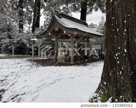 白雪覆蓋的寺廟庭院（照片攝於石川縣白山市金繕神社，1月） 135866562