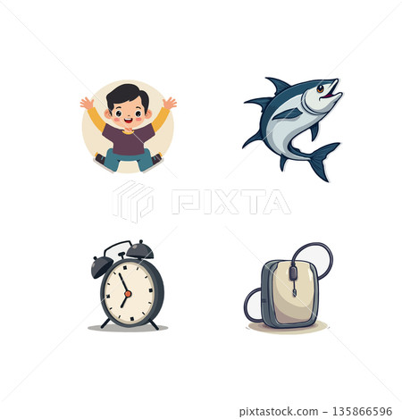 Collection of cartoon illustrations depicting everyday life activities, including shopping, making smoothies, managing finances, and relaxing in the park. 135866596