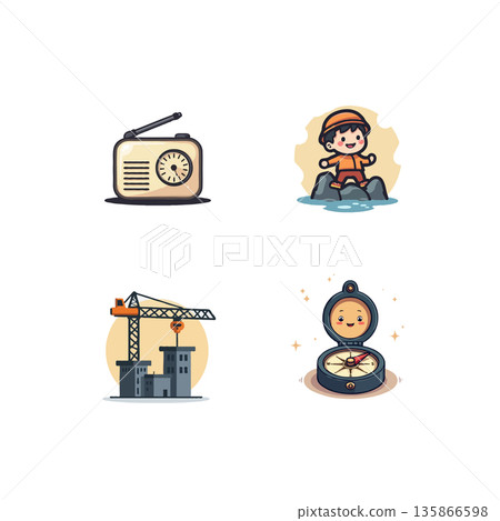 A set of four cute cartoon icons featuring a retro telephone, a flower, desserts, and a birthday scene with a child and cake. A set of four cute cartoon icons featuring a retro telephone, a flower, desserts, and a birthday scene with a child and cake. 135866598
