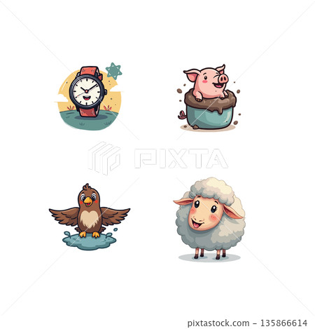 Set of cute cartoon illustrations featuring a gift box, a man with gifts, a girl eating pasta, and a tree. Set of cute cartoon illustrations featuring a gift box, a man with gifts, a girl eating pasta, and a tree. 135866614
