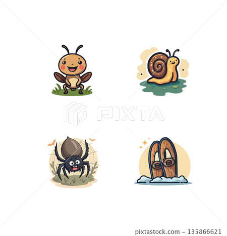 Collection of cartoon illustrations featuring daily routines, nature, and social interactions, perfect for educational or fun designs. 135866621