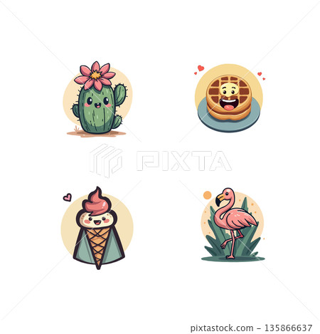 A charming cartoon icon set featuring a smiling carrot, a boy with a paper plane, lotion, and a cozy cup of cocoa. A charming cartoon icon set featuring a smiling carrot, a boy with a paper plane, lotion, and a cozy cup of cocoa. 135866637