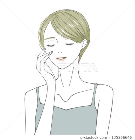 A blonde woman with her eyes closed and her hand on her right cheek A blonde woman with her eyes closed and her hand on her right cheek 135866646