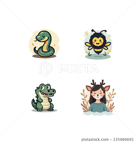 Cute cartoon illustrations featuring a house, rock, person with helmet, and flowers in a vase. Ideal for various creative projects. 135866691