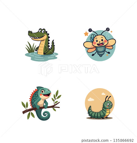 Charming set of cartoon illustrations featuring a panda, leaves, a girl, and a framed portrait. Ideal for various creative projects. Charming set of cartoon illustrations featuring a panda, leaves, a girl, and a framed portrait. Ideal for various creative projects. 135866692
