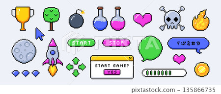 Pixel art arcade ui buttons, video game spaceship, interface menu icons in 8bit retro style Pixel art arcade ui buttons, video game spaceship, interface menu icons in 8bit retro style 135866735