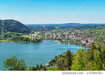 Hiking trail around Lake Schliersee in the bavarian alps at Schliersee, Upper Bavaria, Germany in Europe 135866762
