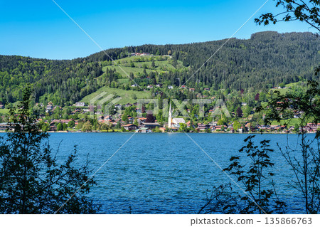 Hiking trail around Lake Schliersee in the bavarian alps at Schliersee, Upper Bavaria, Germany in Europe 135866763