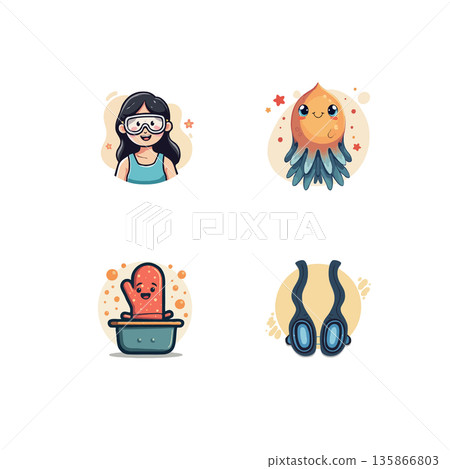 A whimsical cartoon set featuring a fishbowl, dice, a worm in soil, and a friendly person. Ideal for educational materials. A whimsical cartoon set featuring a fishbowl, dice, a worm in soil, and a friendly person. Ideal for educational materials. 135866803