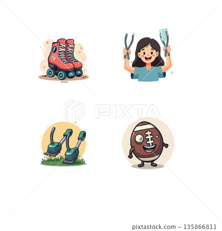 Charming cartoon collection featuring an owl on a branch, lavender flowers, a scenic bridge, and a friendly robot character. Charming cartoon collection featuring an owl on a branch, lavender flowers, a scenic bridge, and a friendly robot character. 135866811