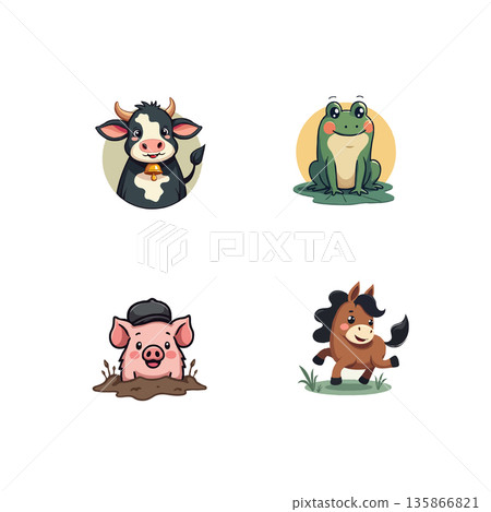 A set of four whimsical cartoon icons featuring a happy pear, a smiling flower, a cozy sock, and a key unlocking doors. A set of four whimsical cartoon icons featuring a happy pear, a smiling flower, a cozy sock, and a key unlocking doors. 135866821